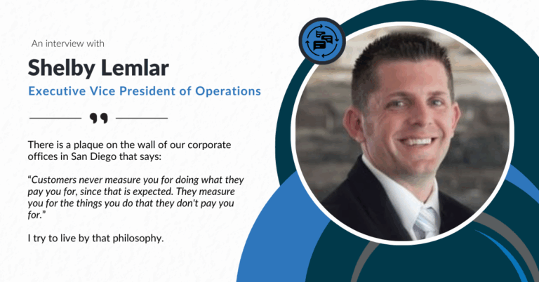 A graphic featuring a portrait of Shelby Lemlar, Executive Vice President of Operations, on the right. He is a man with short brown hair, wearing a suit jacket and tie, and he is smiling at the camera. On the left side, the text 
