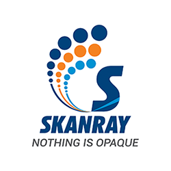 SKANRAY logo with blue and orange graphic. Medical imaging and X-ray systems.