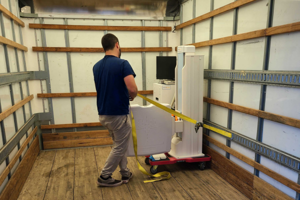 Preparation for medical imaging equipment for transport after deinstallation.